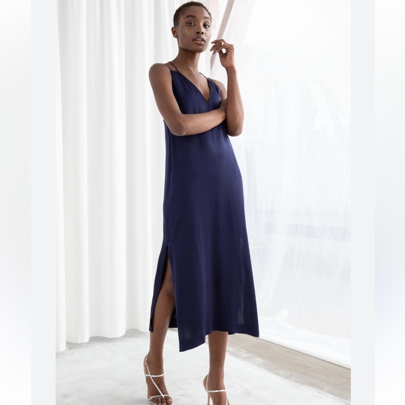 & Other Stories Satin Double Strap Minimalist Deep Blue Midi Dress - Picture 1 of 8